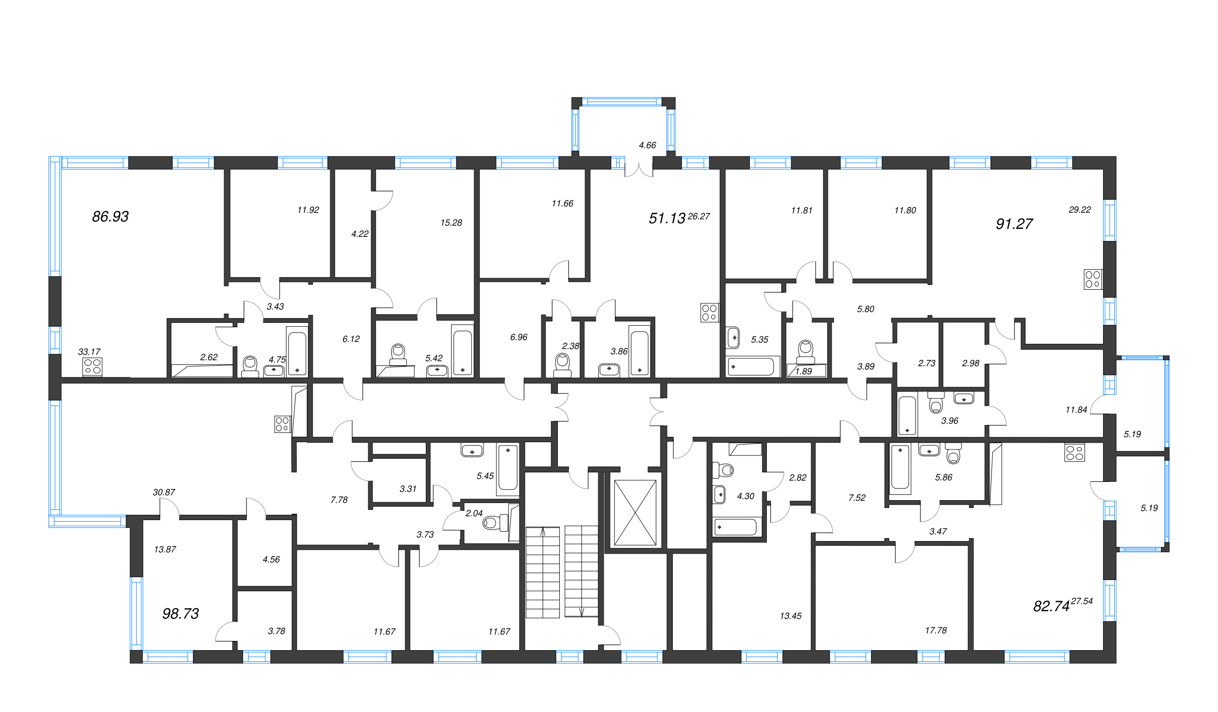 4-комнатная (Евро) квартира, 91.27 м² - планировка этажа