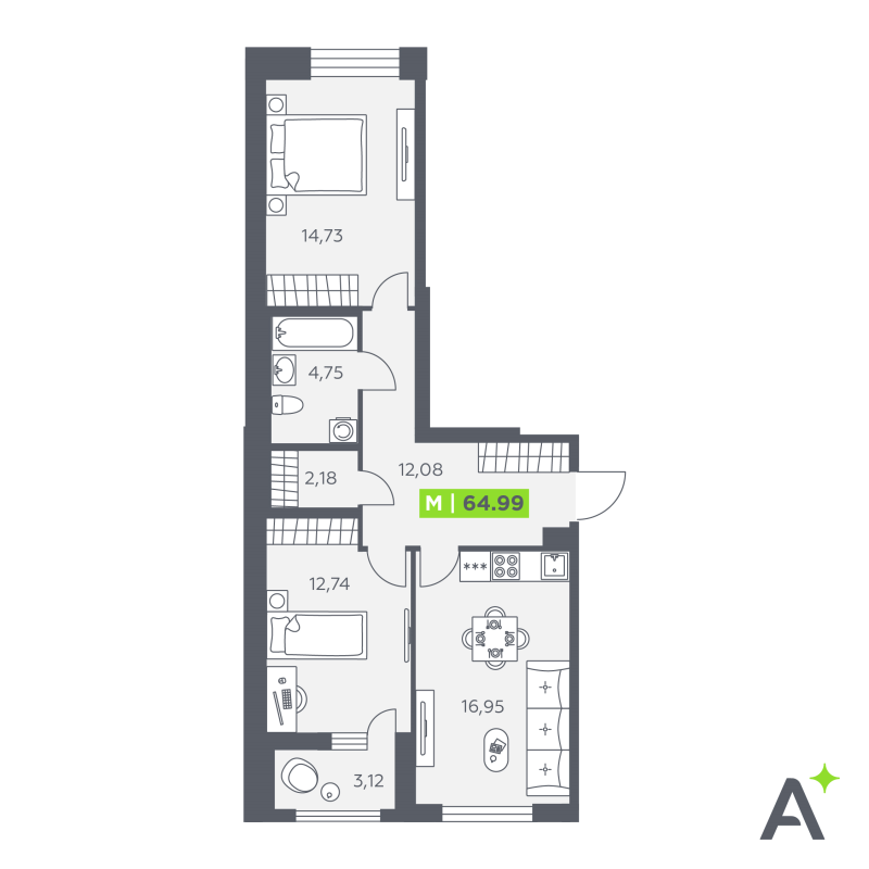 3-комнатная (Евро) квартира, 64.99 м² - планировка, фото №1