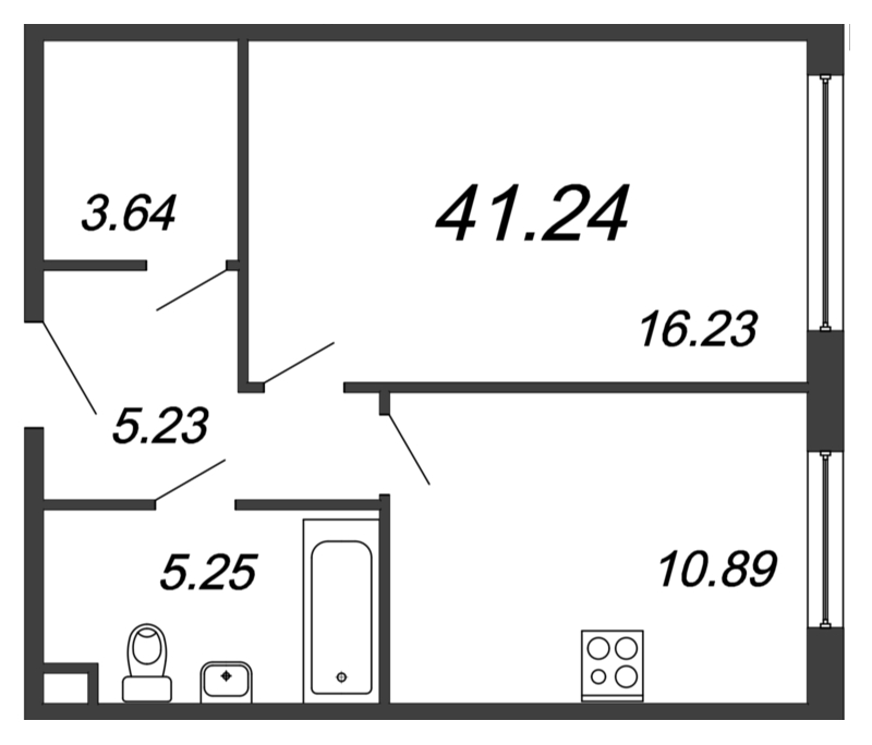 1-комнатная квартира, 41.24 м² - планировка, фото №1