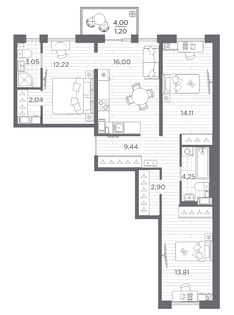 4-комнатная (Евро) квартира, 79.02 м² в ЖК "Сезоны" - планировка, фото №1