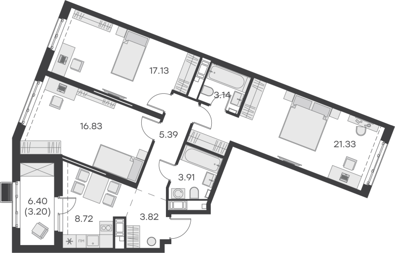 3-комнатная квартира, 83.47 м² в ЖК "GloraX Балтийская" - планировка, фото №1