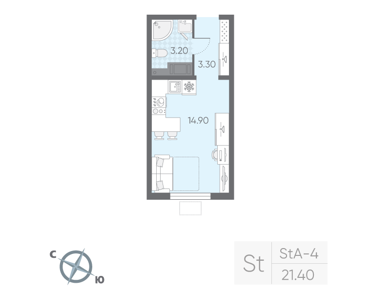 Квартира-студия, 21.4 м² в ЖК "Ручьи" - планировка, фото №1