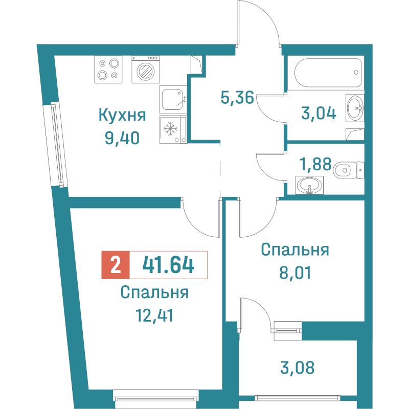 2-комнатная квартира, 41.64 м² в ЖК "Графика" - планировка, фото №1