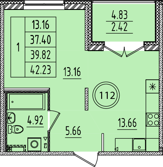 1-комнатная квартира, 37.4 м² в ЖК "Образцовый квартал 14" - планировка, фото №1