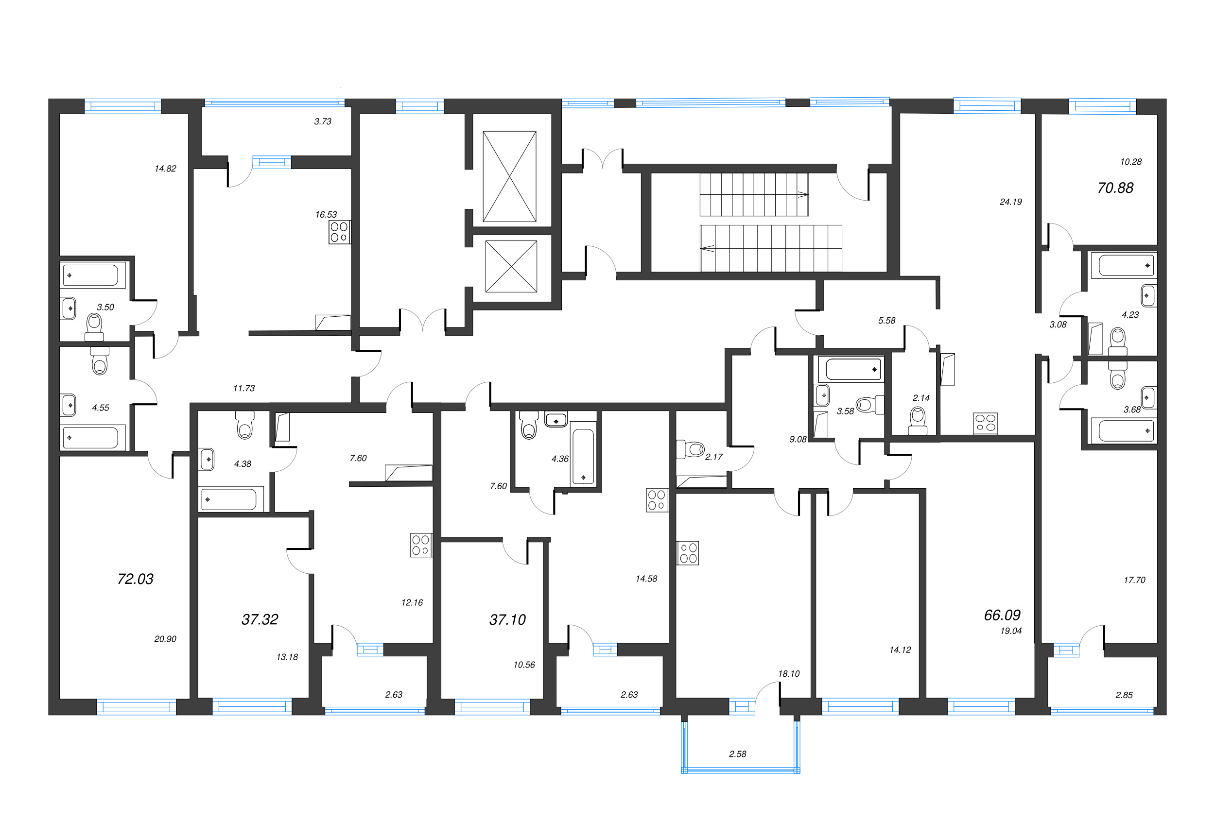 3-комнатная (Евро) квартира, 70.88 м² - планировка этажа