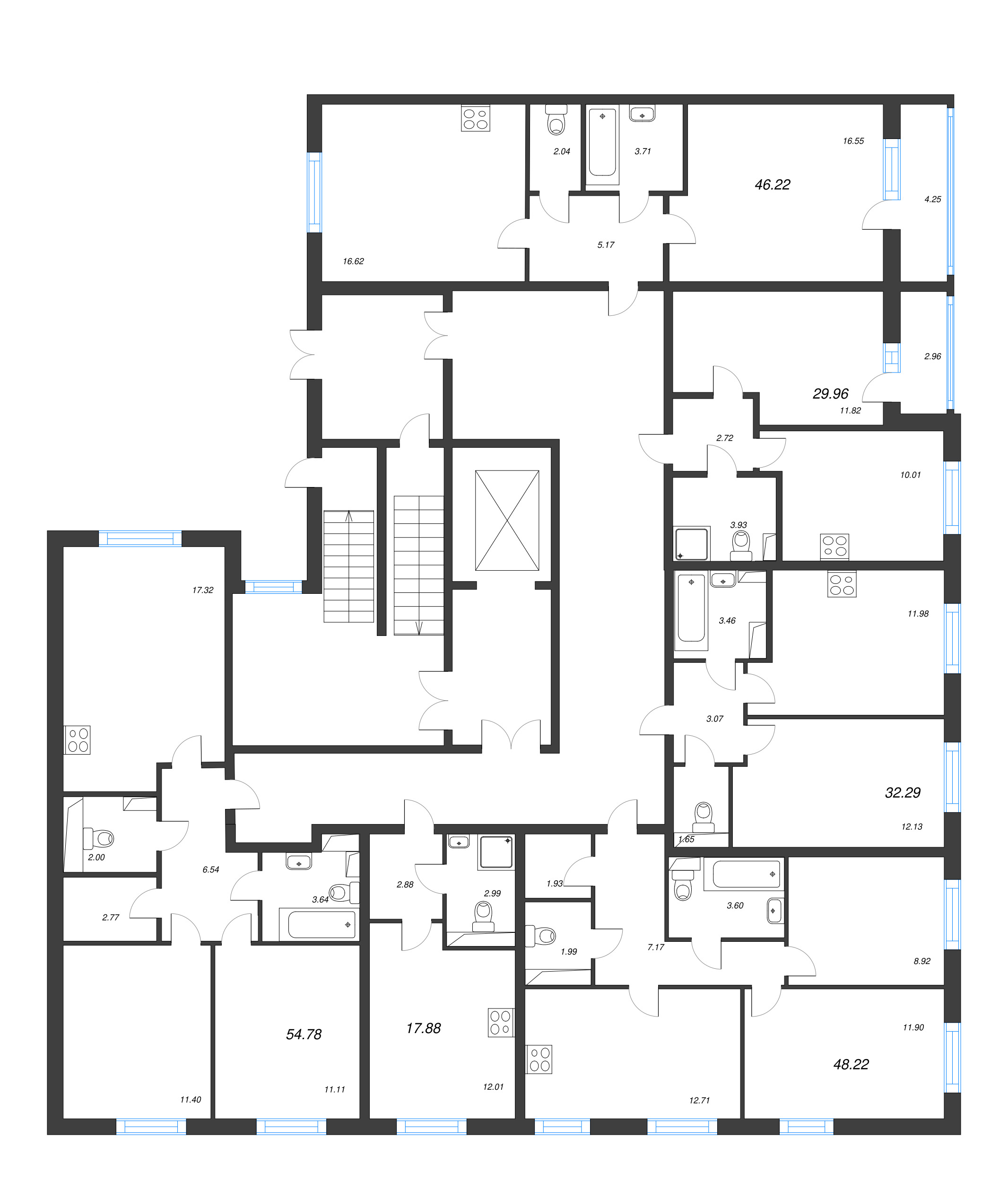 3-комнатная (Евро) квартира, 54.78 м² - планировка этажа