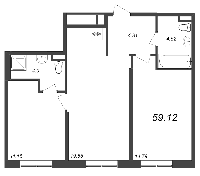 3-комнатная (Евро) квартира, 58.76 м² в ЖК "Zoom на Неве" - планировка, фото №1