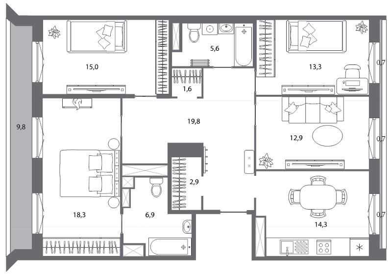 4-комнатная квартира, 114.1 м² - планировка, фото №1