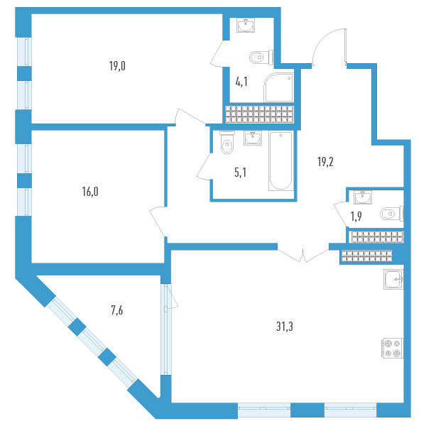 3-комнатная (Евро) квартира, 100.4 м² в ЖК "Дефанс Премиум" - планировка, фото №1