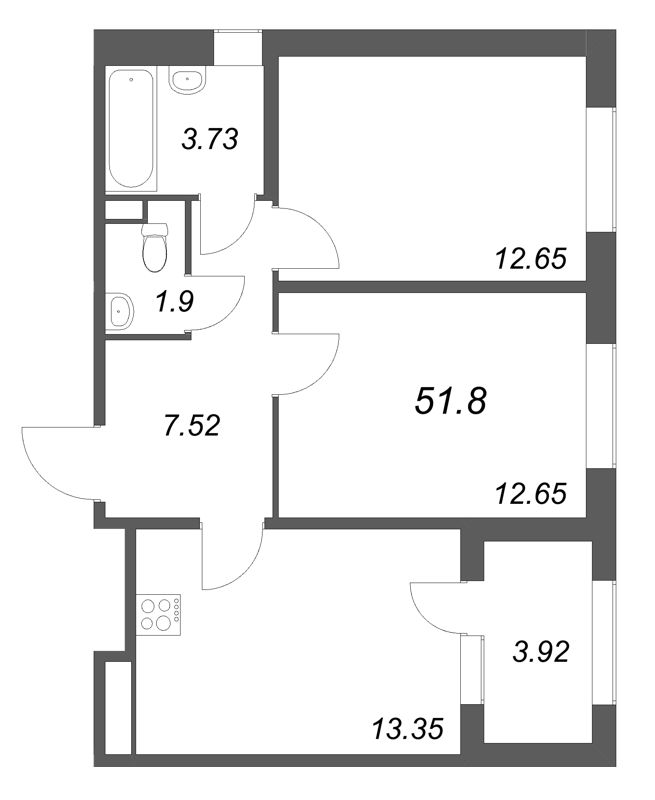 2-комнатная квартира, 51.8 м² в ЖК "Дубровский" - планировка, фото №1