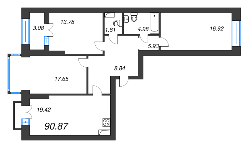 3-комнатная квартира, 90.87 м² - планировка, фото №1
