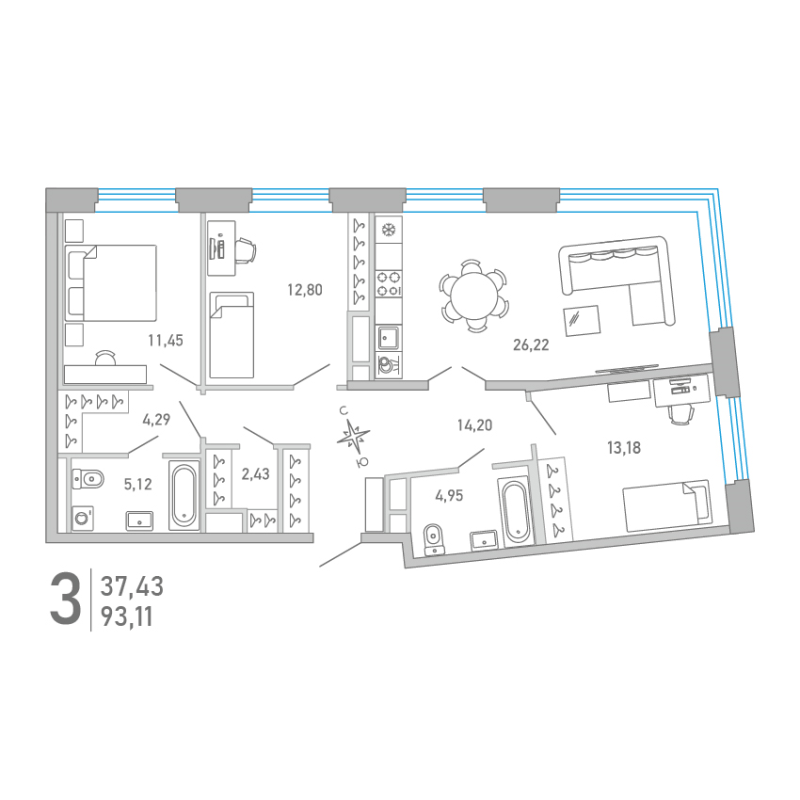 4-комнатная (Евро) квартира, 93.11 м² - планировка, фото №1