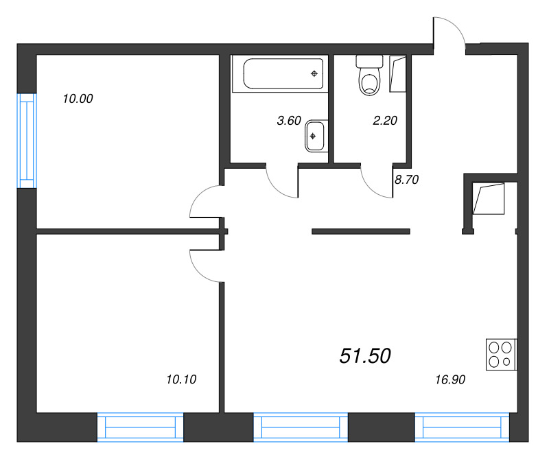 3-комнатная (Евро) квартира, 51.5 м² в ЖК "Струны" - планировка, фото №1