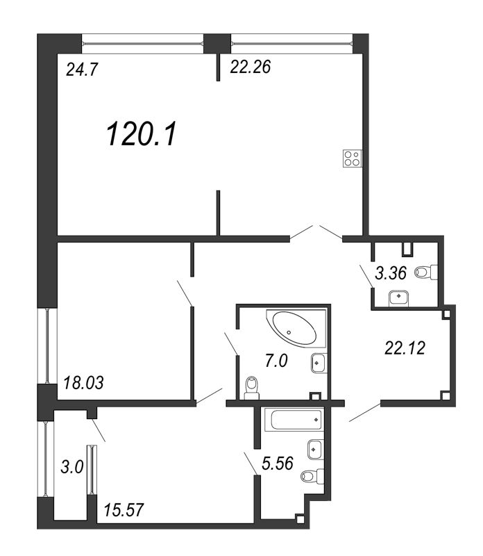 3-комнатная (Евро) квартира, 120.1 м² - планировка, фото №1