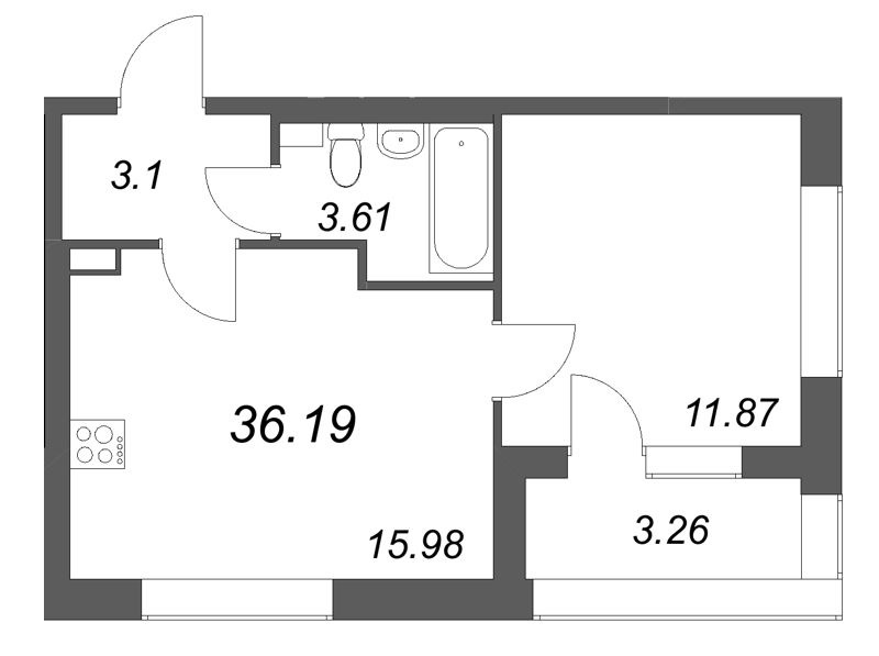 2-комнатная (Евро) квартира, 36.19 м² в ЖК "Аурум" - планировка, фото №1