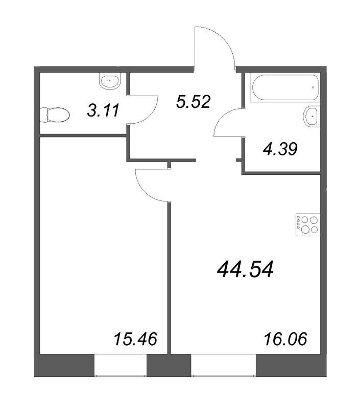 2-комнатная (Евро) квартира, 44.54 м² - планировка, фото №1