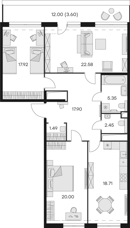 3-комнатная квартира, 111.2 м² - планировка, фото №1