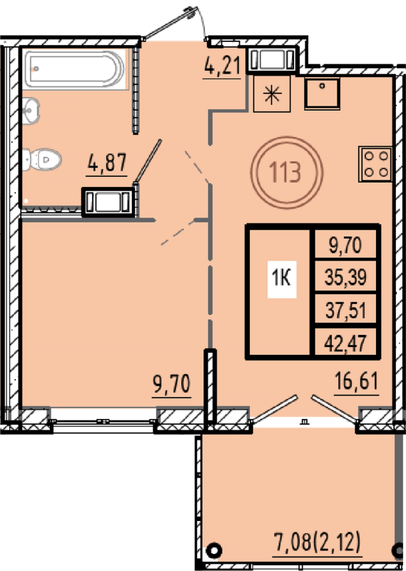 2-комнатная (Евро) квартира, 35.39 м² в ЖК "Образцовый квартал 9.1" - планировка, фото №1