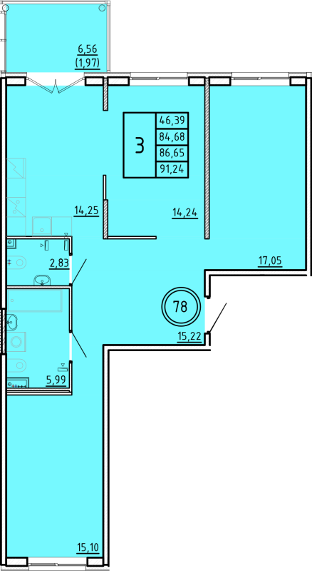 3-комнатная квартира, 84.68 м² - планировка, фото №1