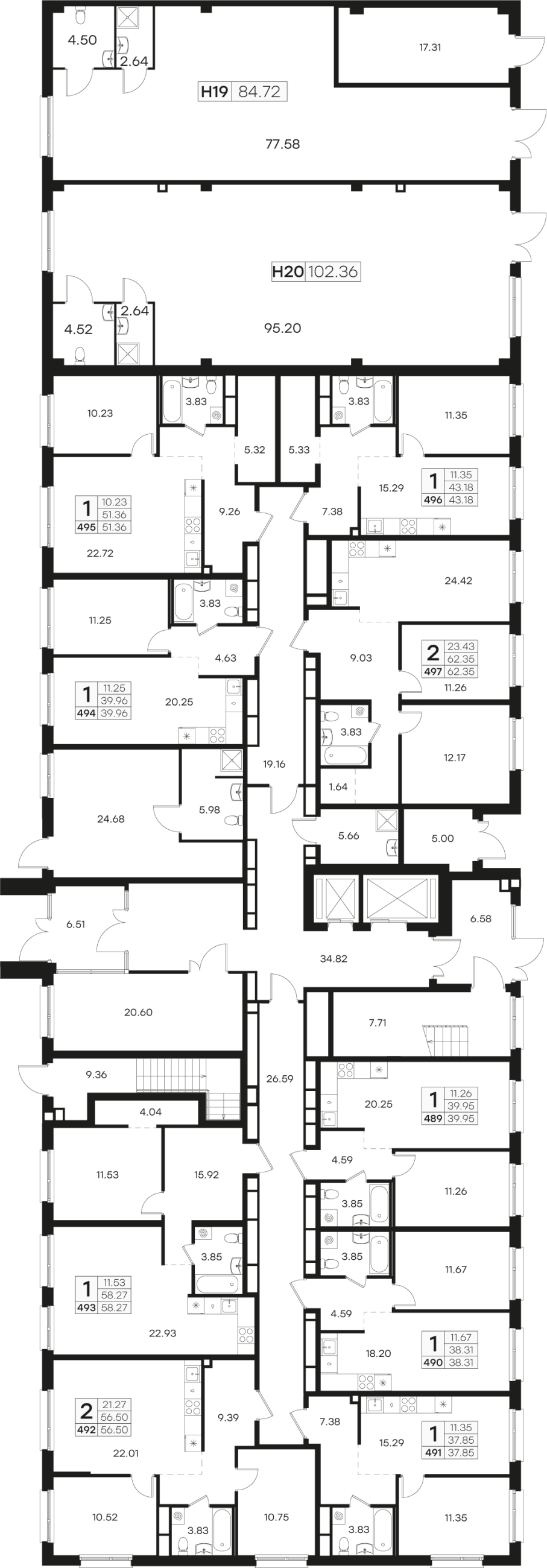 2-комнатная (Евро) квартира, 38.56 м² в ЖК "GloraX Парголово" - планировка этажа