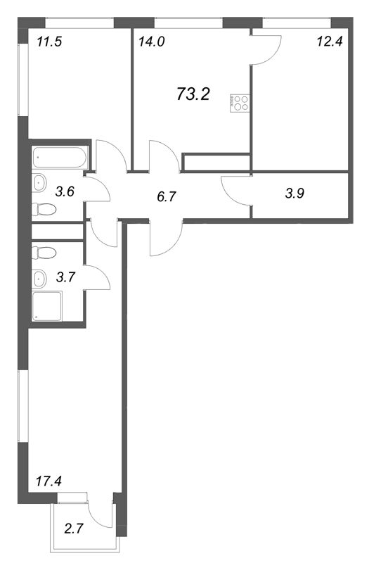 3-комнатная квартира, 73.2 м² в ЖК "Гений" - планировка, фото №1