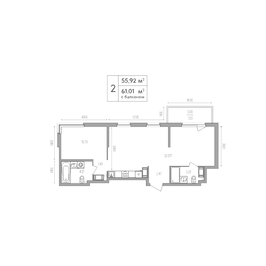 2-комнатная (Евро) квартира, 55.92 м² - планировка, фото №1