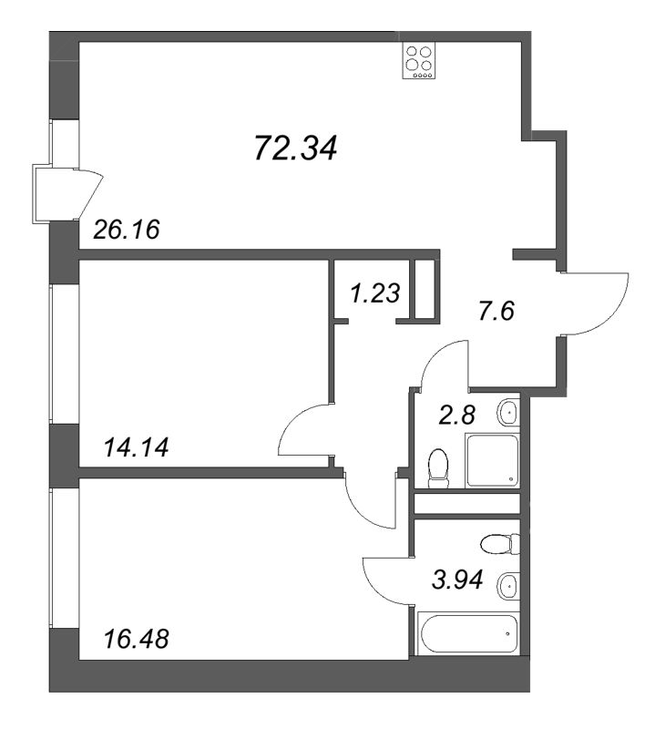 3-комнатная (Евро) квартира, 72.34 м² в ЖК "Avant" - планировка, фото №1