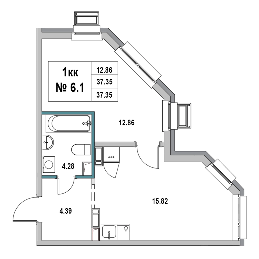 2-комнатная (Евро) квартира, 37.35 м² в ЖК "Новый Город" - планировка, фото №1