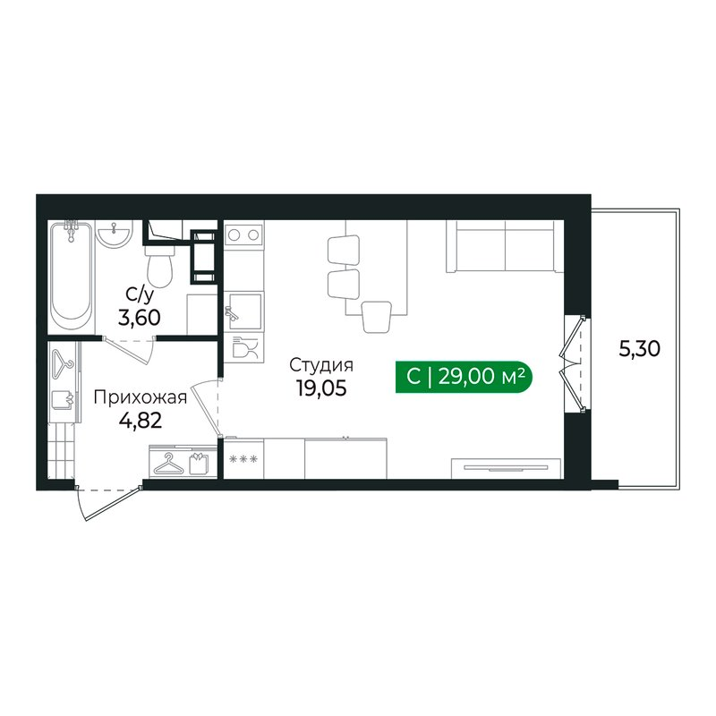 Квартира-студия, 27.2 м² в ЖК "Сертолово Парк" - планировка, фото №1