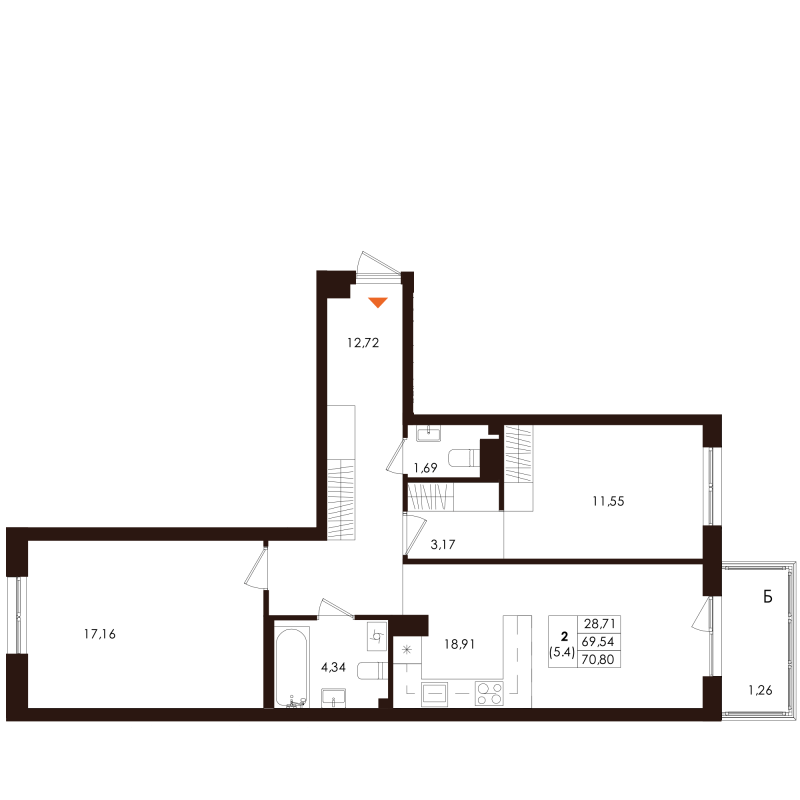 3-комнатная (Евро) квартира, 70.8 м² в ЖК "Лисино" - планировка, фото №1