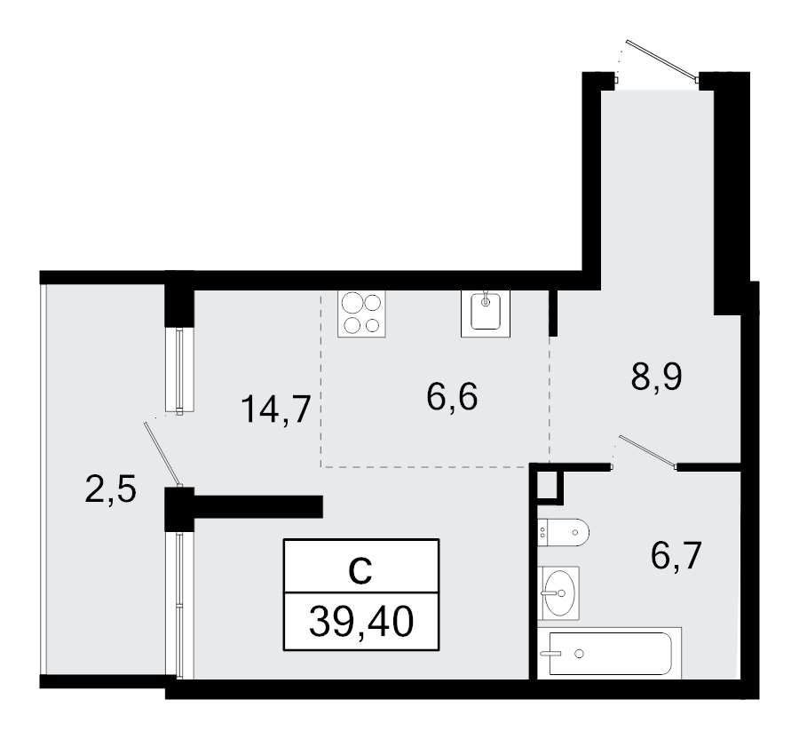 Квартира-студия, 39.2 м² - планировка, фото №1