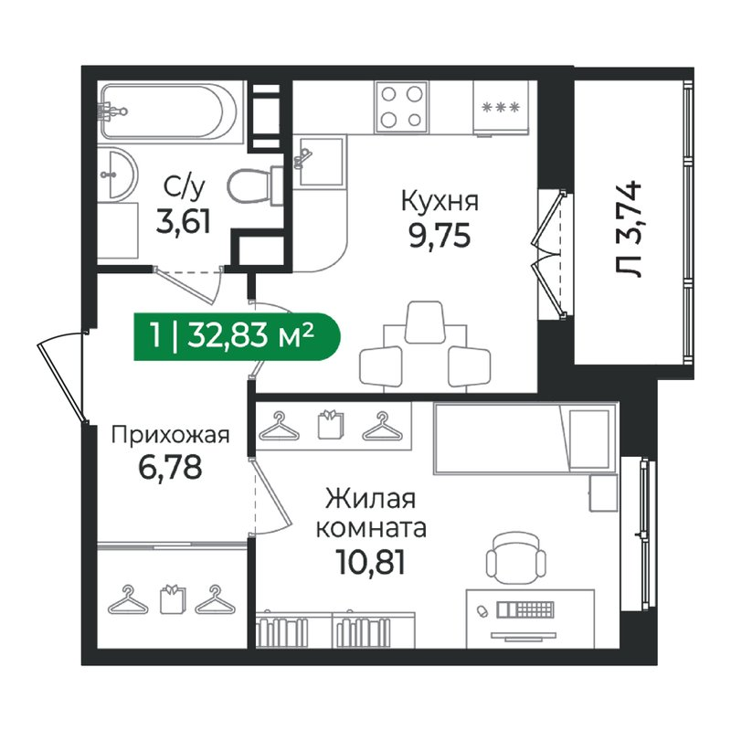 1-комнатная квартира, 32.83 м² в ЖК "Сертолово Парк" - планировка, фото №1