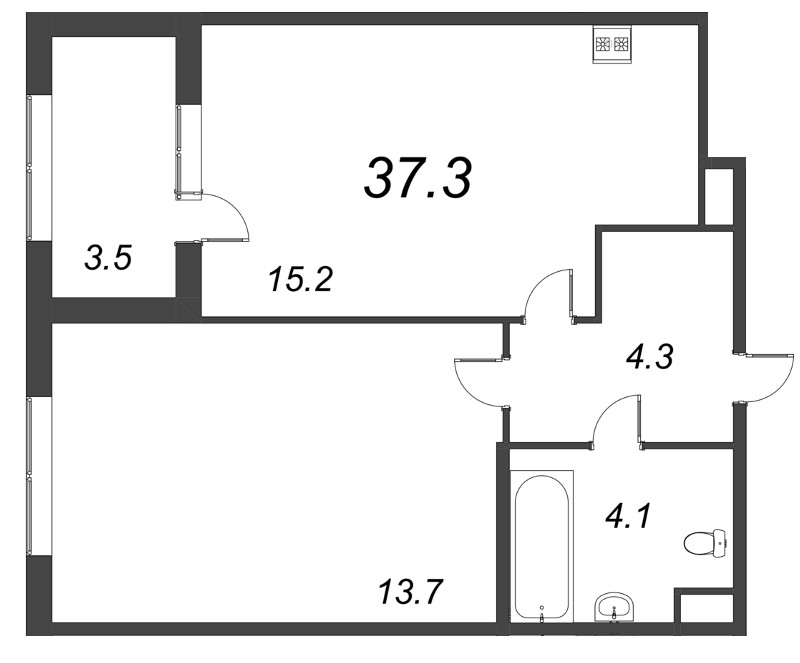 2-комнатная (Евро) квартира, 37.3 м² - планировка, фото №1