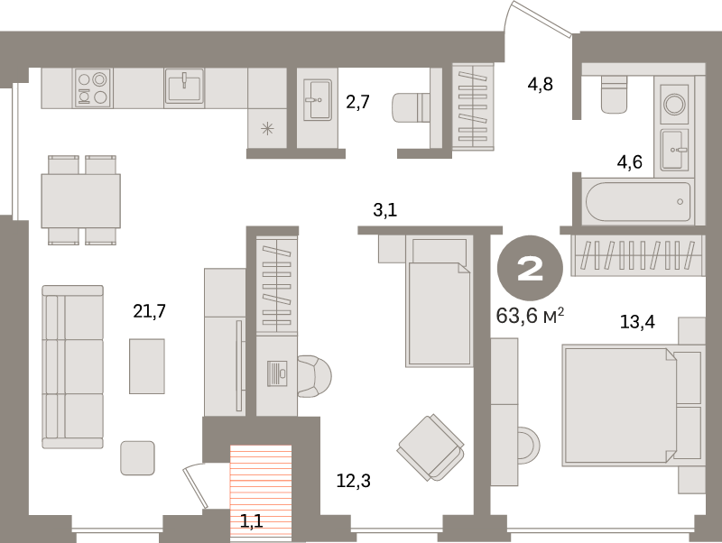 3-комнатная (Евро) квартира, 63.6 м² в ЖК "Северный ветер" - планировка, фото №1