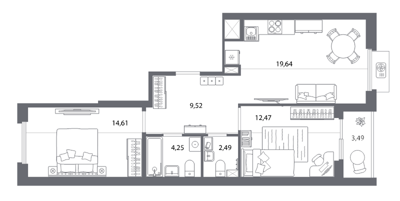 3-комнатная (Евро) квартира, 64.73 м² в ЖК "Респект" - планировка, фото №1