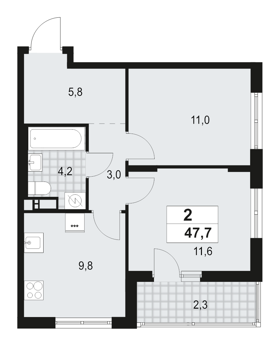 2-комнатная квартира, 47.7 м² в ЖК "А101 Всеволожск" - планировка, фото №1
