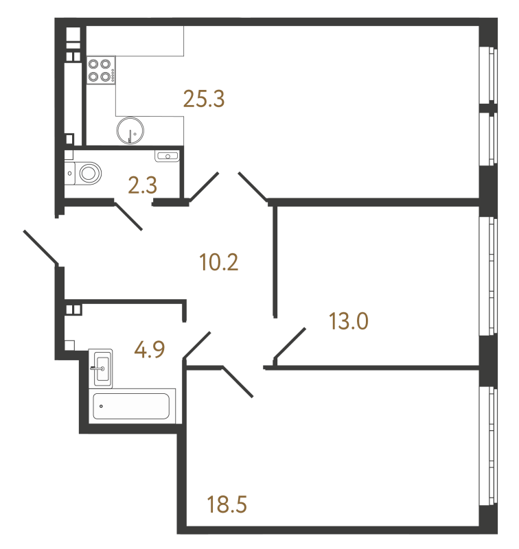 3-комнатная (Евро) квартира, 74.2 м² - планировка, фото №1