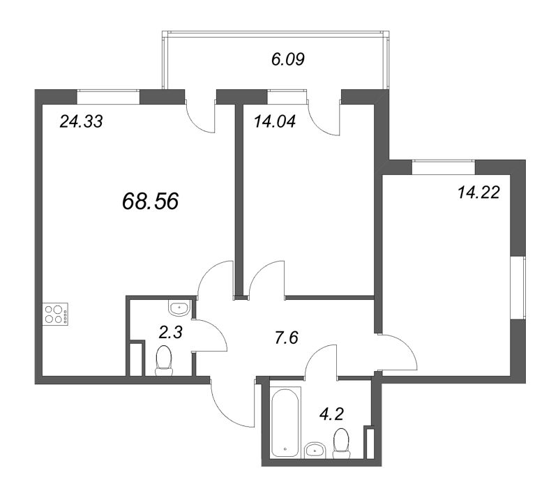 3-комнатная (Евро) квартира, 68.56 м² в ЖК "Новая история" - планировка, фото №1