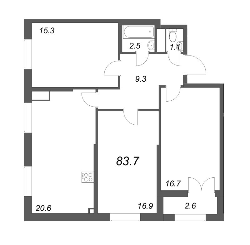 4-комнатная (Евро) квартира, 83.7 м² в ЖК "Цивилизация на Неве" - планировка, фото №1
