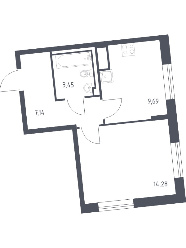 1-комнатная квартира, 34.56 м² - планировка, фото №1