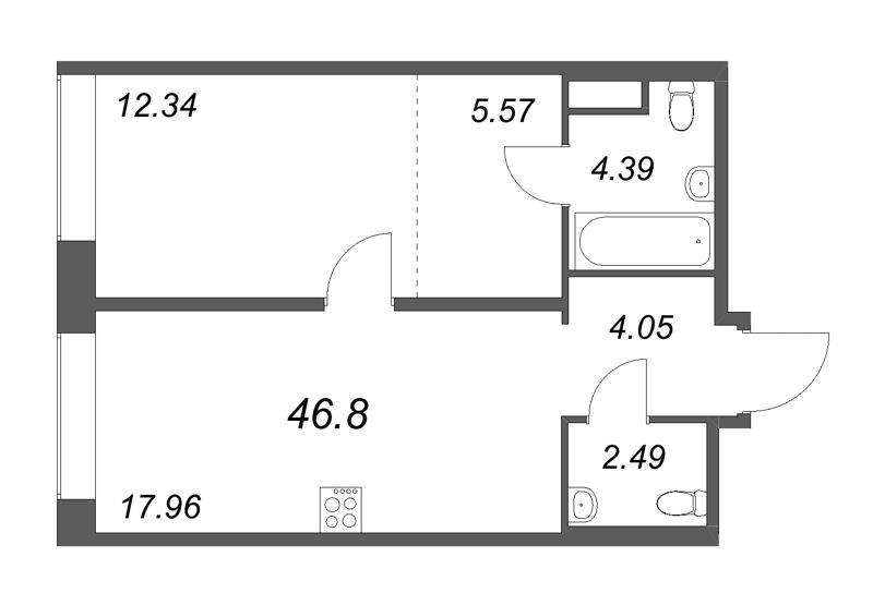 2-комнатная (Евро) квартира, 46.8 м² - планировка, фото №1