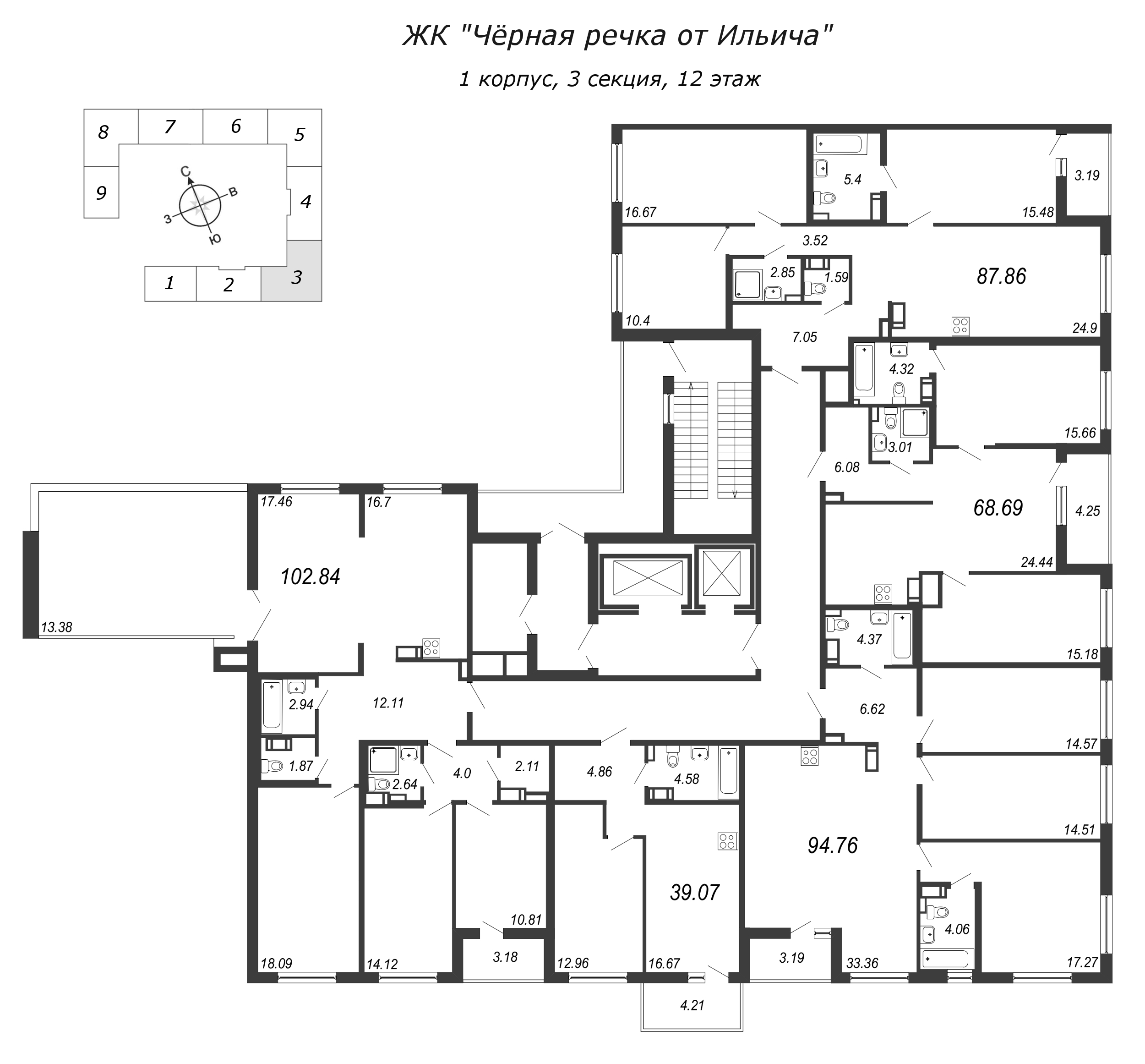 4-комнатная (Евро) квартира, 102.84 м² в ЖК "Чёрная речка" - планировка этажа