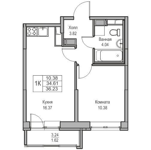 2-комнатная (Евро) квартира, 36.23 м² в ЖК "Юнтолово" - планировка, фото №1