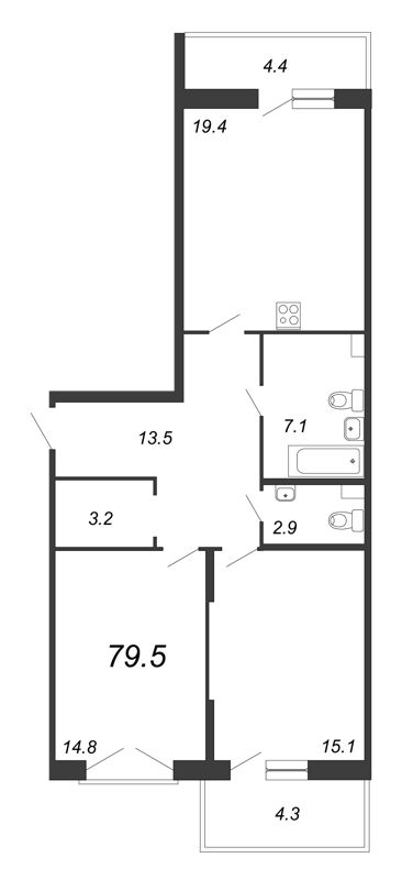 2-комнатная квартира, 81.6 м² - планировка, фото №1