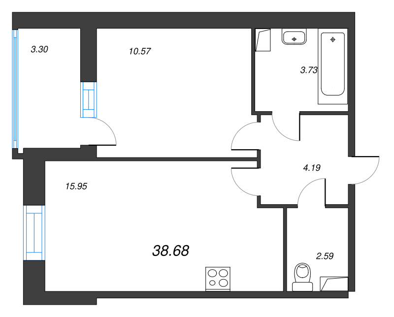 2-комнатная (Евро) квартира, 38.68 м² - планировка, фото №1