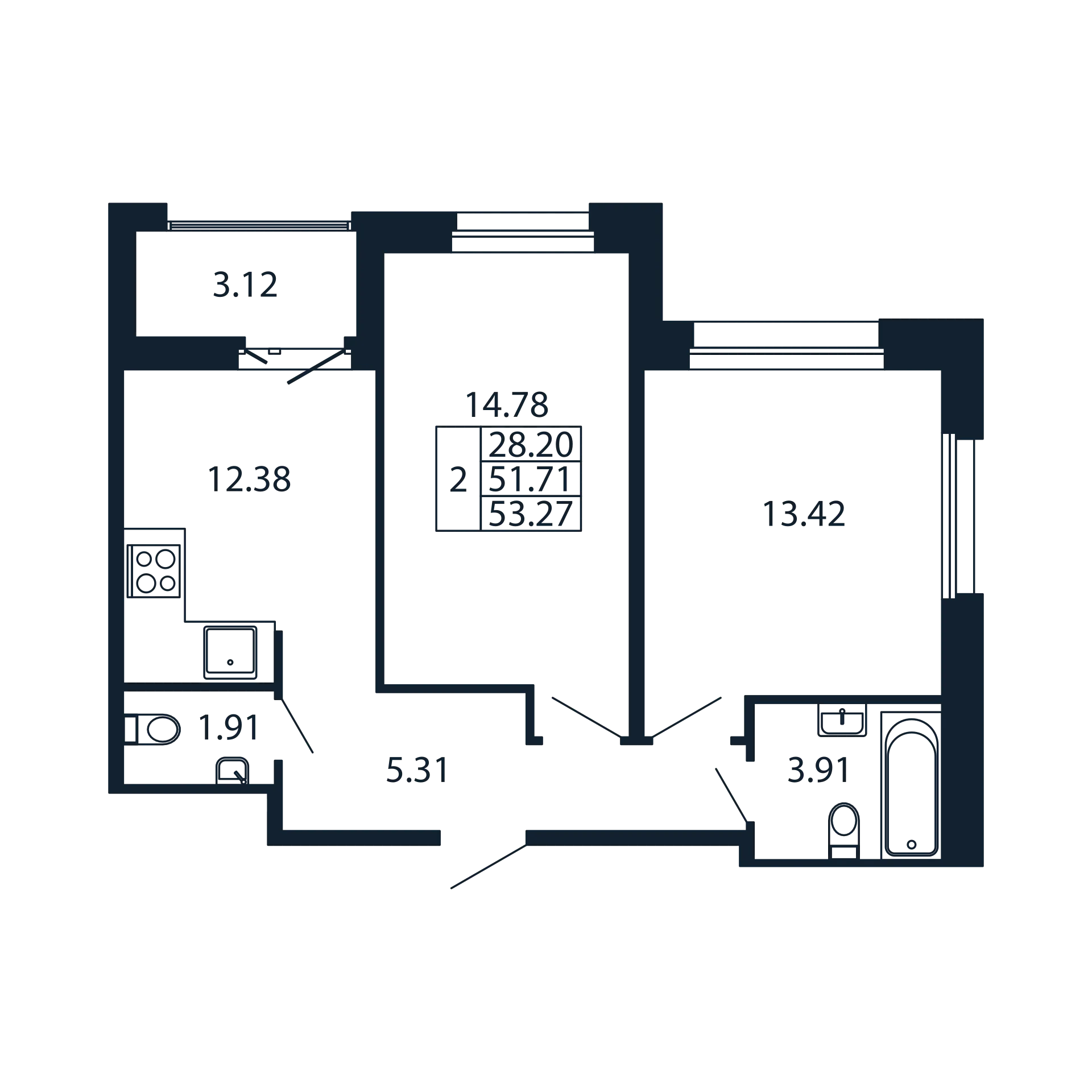 2-комнатная квартира, 51.71 м² в ЖК "Полис Новоселье" - планировка, фото №1