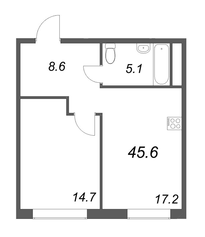 2-комнатная (Евро) квартира, 45.6 м² в ЖК "Визионер" - планировка, фото №1