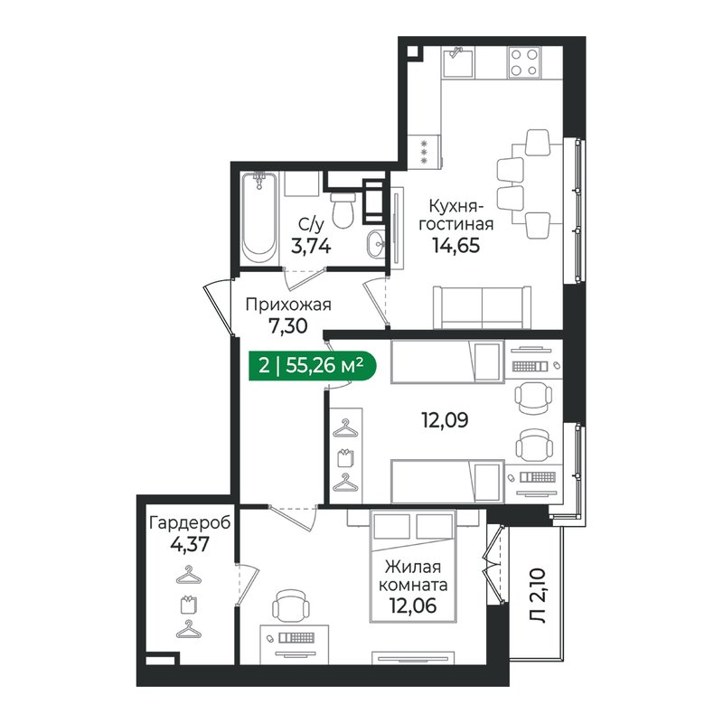 2-комнатная квартира, 55.26 м² в ЖК "Сертолово Парк" - планировка, фото №1