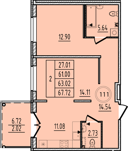 2-комнатная квартира, 61 м² - планировка, фото №1