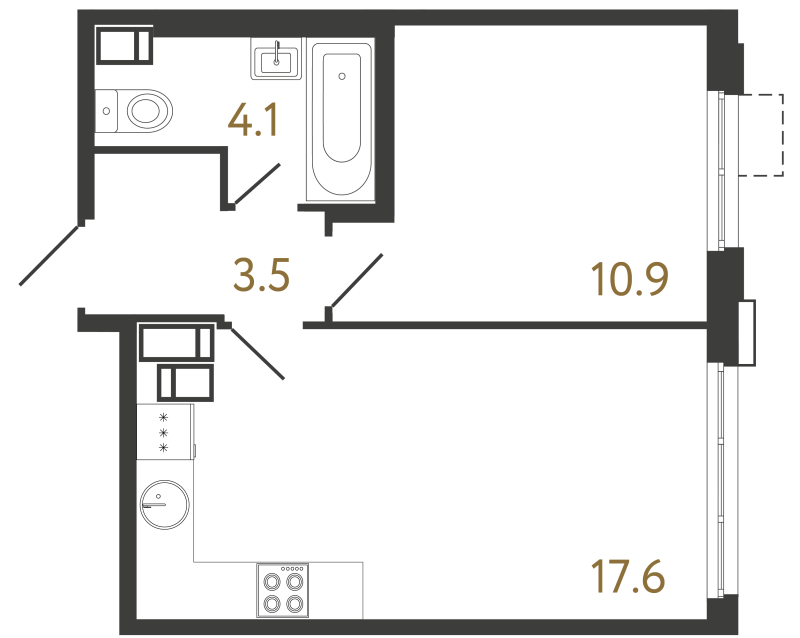 2-комнатная (Евро) квартира, 36.1 м² в ЖК "Струны" - планировка, фото №1